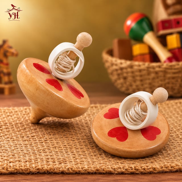 A colourful wooden spinning top in a Yazhi Handcrafts catalogue image